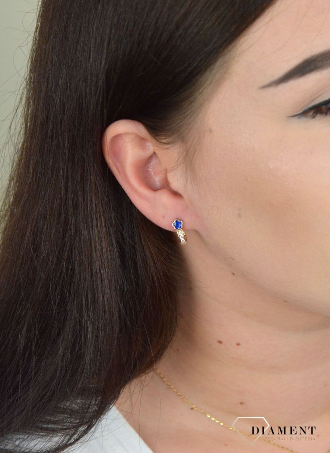 Złote kolczyki dla dziewczynki niebieskie kwiatki z cyrkonią KL 9826.jpg